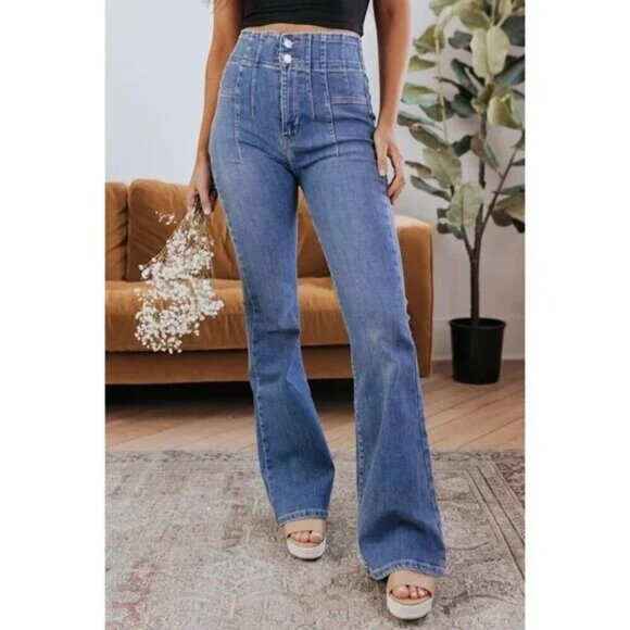 FREE PEOPLE We The Free Jayde Flare Jeans in Wash Sunburst Blue Size US 25 - Picture 10 of 12